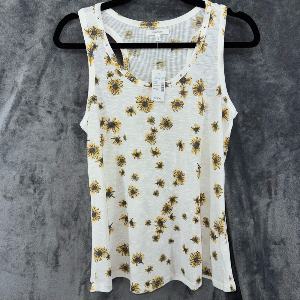 NWT Maurice's White Ribbed Sunflower Floral Scoop Neck Tank Top Size Small